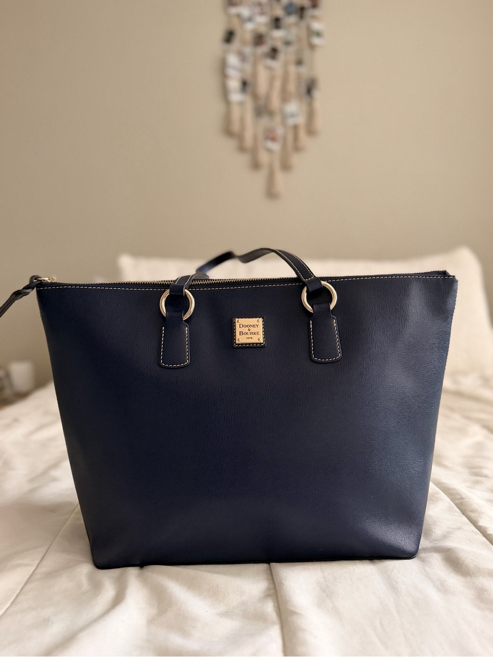 Dooney & Bourke Navy Leather Zip-Top Tote with Gold Hardware